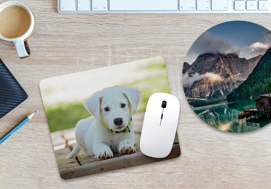 Custom Round and Rectangle Mouse Pads on a Desk