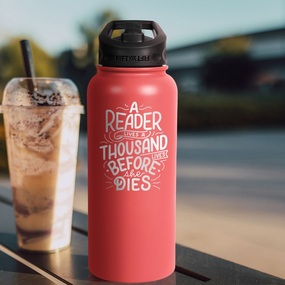 Reading quote engraved on custom 34 oz water bottle