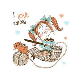 Cute Girl Needlewoman With A Cat Knits Sticker