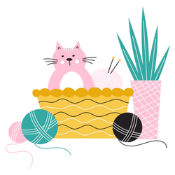Cat Sitting In A Basket With Knitting Needles And Yarn Sticker