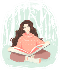 Illustration Of A Girl Reading A Big Book In The Woods Sticker